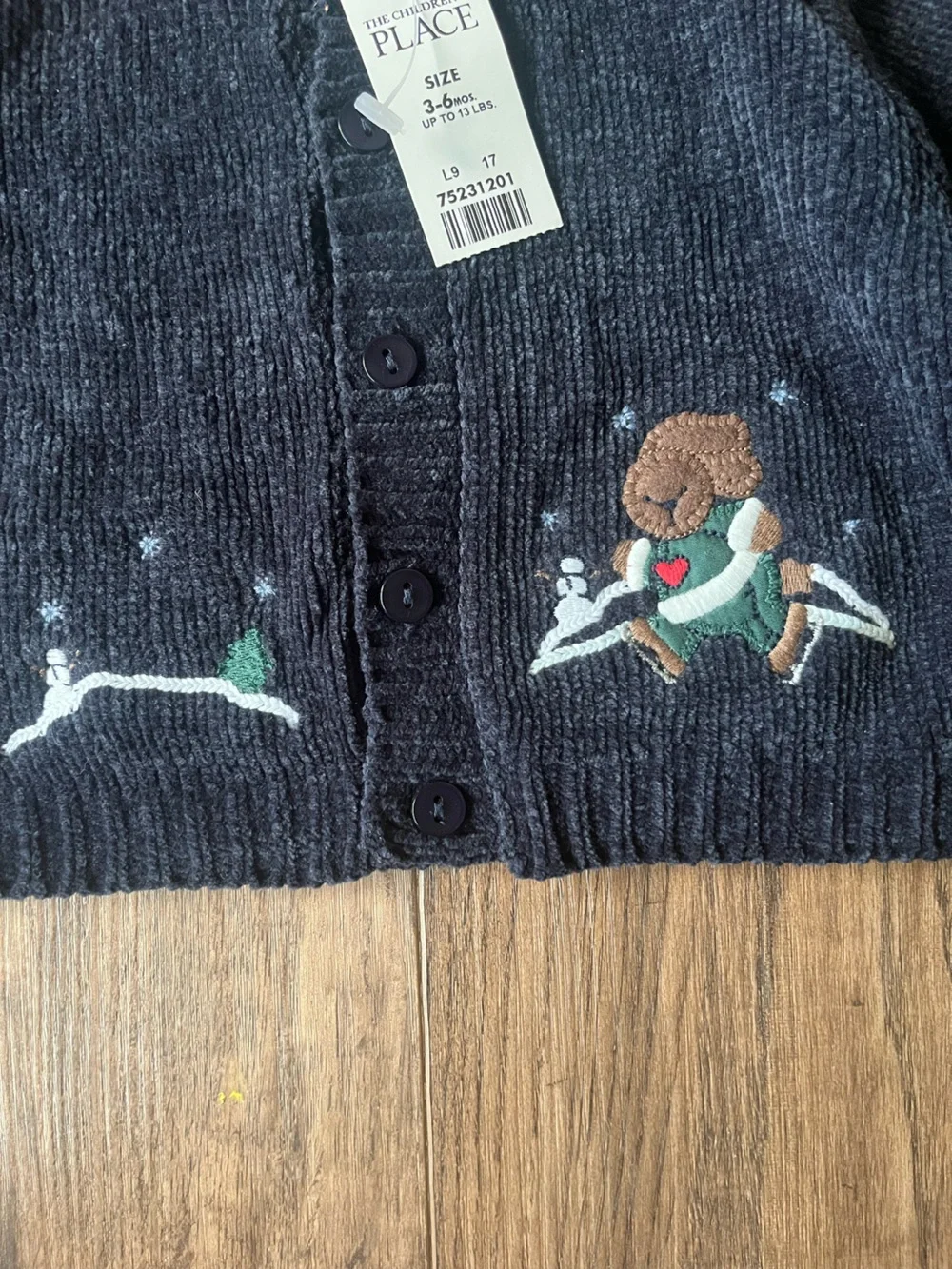 Winter Navy Baby Cardigan with Embroidered Ice Skating Bunny